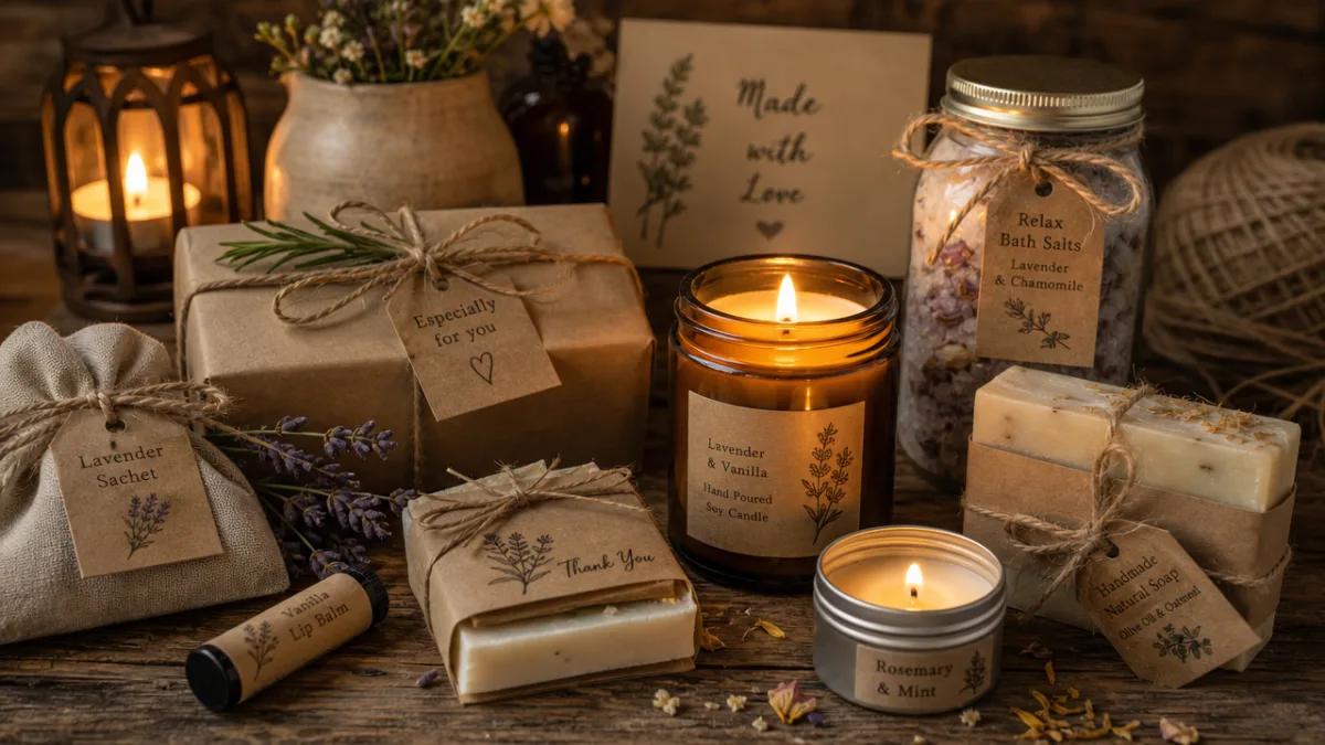 a collection of handmade gifts including candles, tied with twine, arranged on…