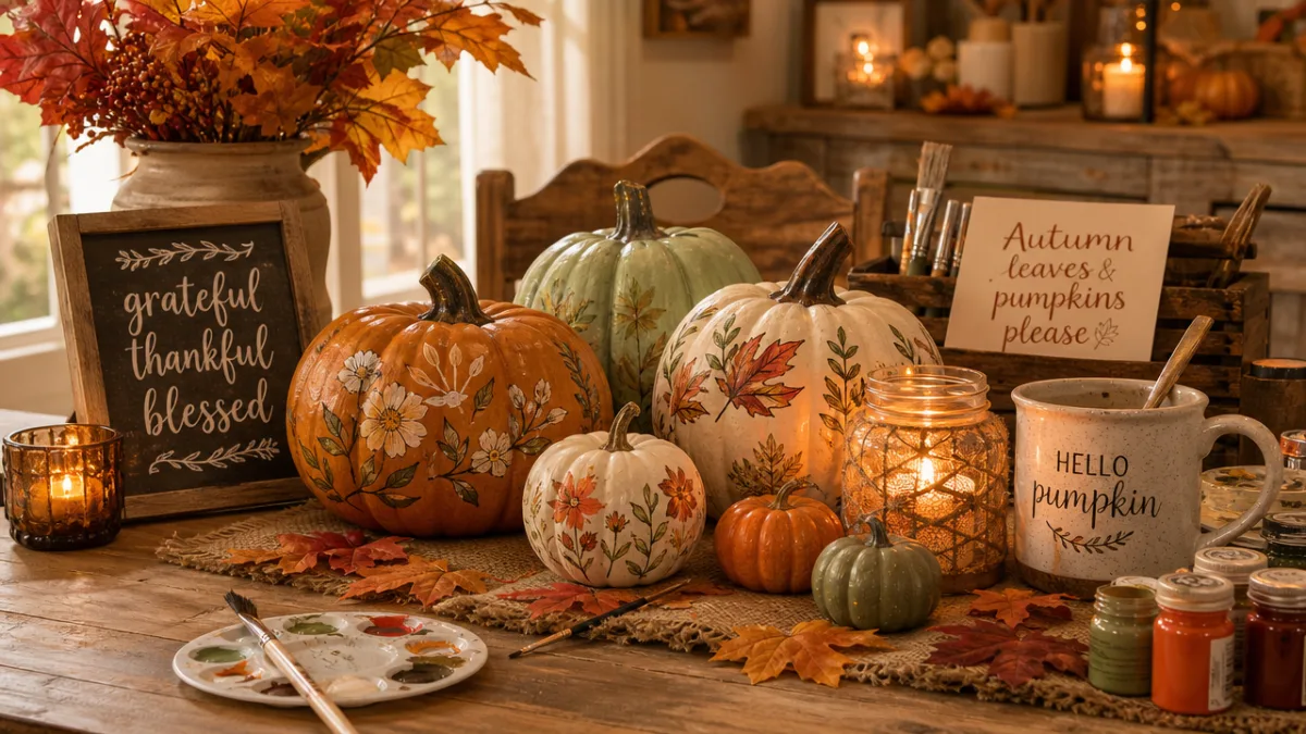 a cozy seasonal craft display with autumn leaves, painted pumpkins, and candles…