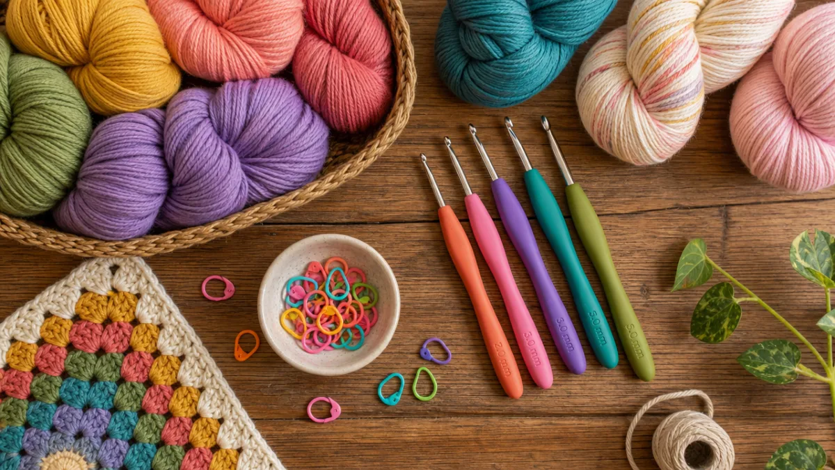 a flat lay of colorful yarn skeins, crochet hooks, and stitch markers…