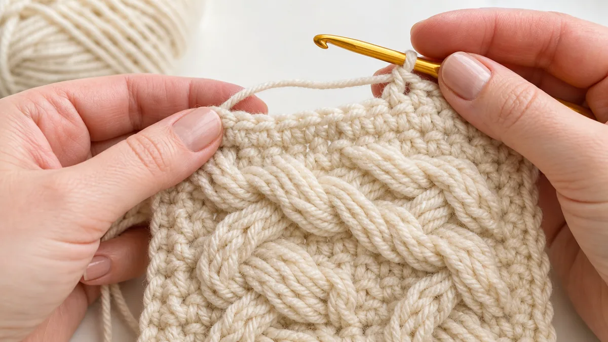 close-up of hands crocheting a textured cable stitch swatch in cream yarn,…