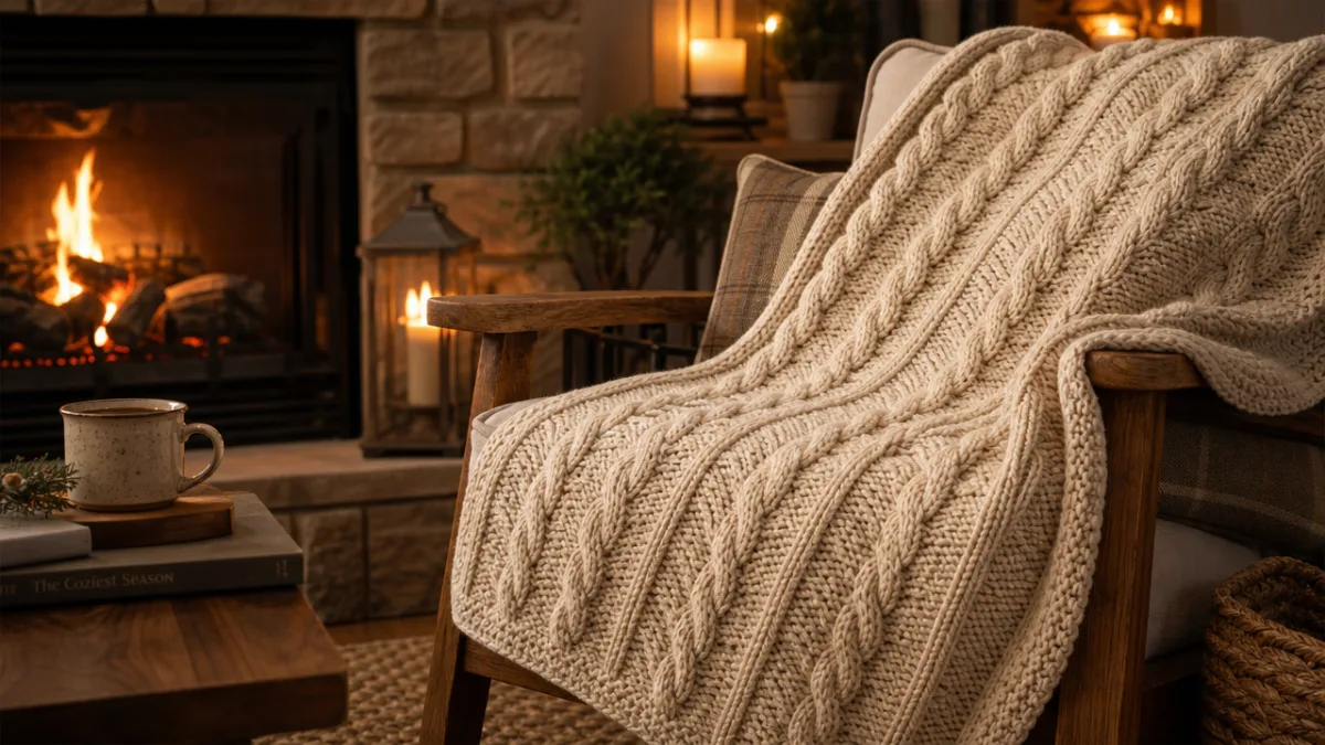 a cozy finished cable crochet blanket draped over a wooden armchair beside…