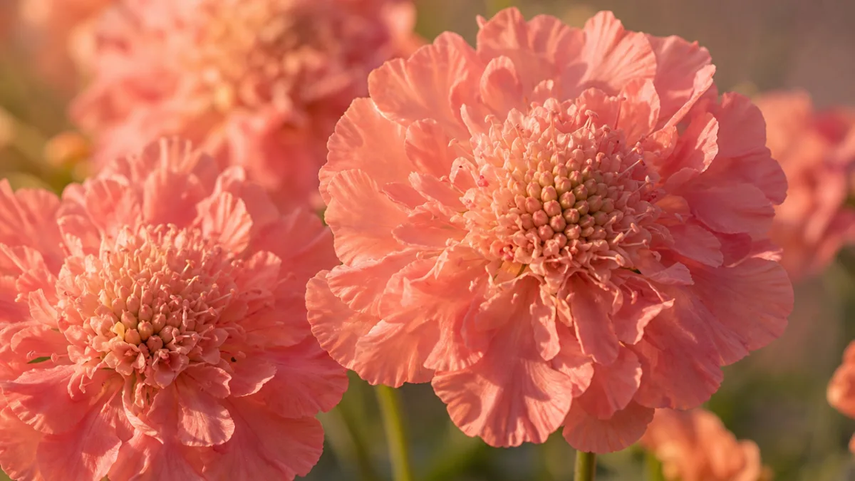 a close-up of salmon rose scabiosa flowers in soft natural light, warm…