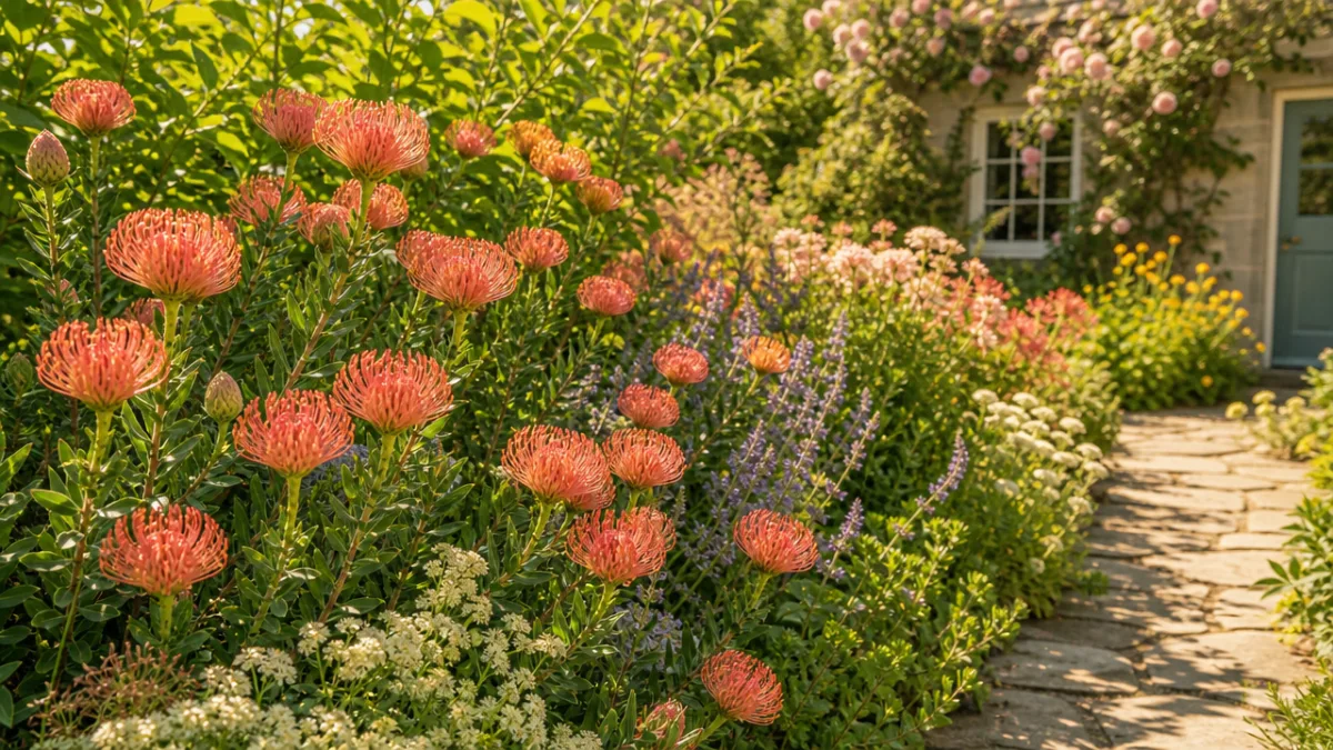 a sunny cottage garden border with pincushion flowers in salmon tones, lush…