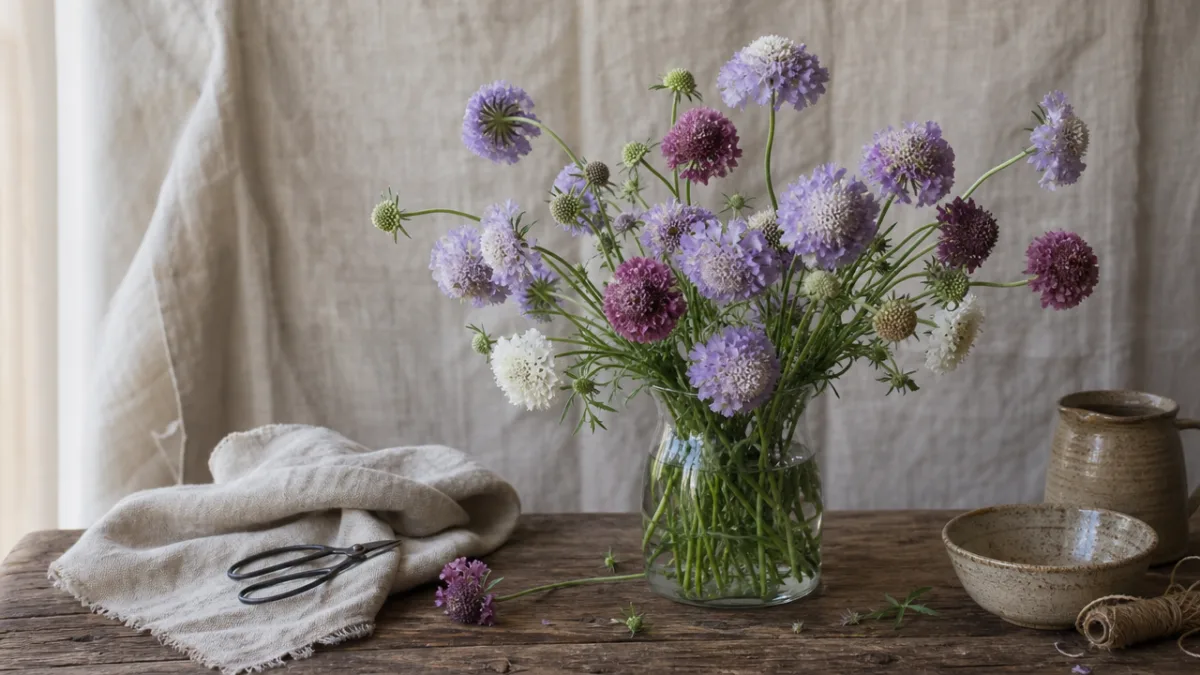a rustic wooden table with freshly harvested scabiosa stems in a glass…