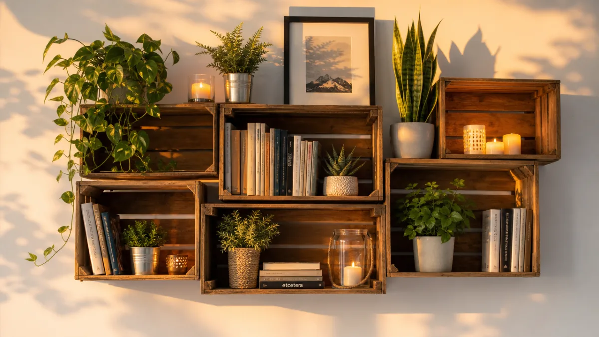 beautifully styled wooden crate shelves on a white wall with plants, books…