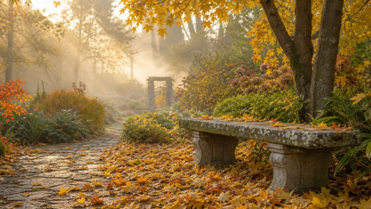 a serene autumn garden with golden fallen leaves, misty morning light, and…