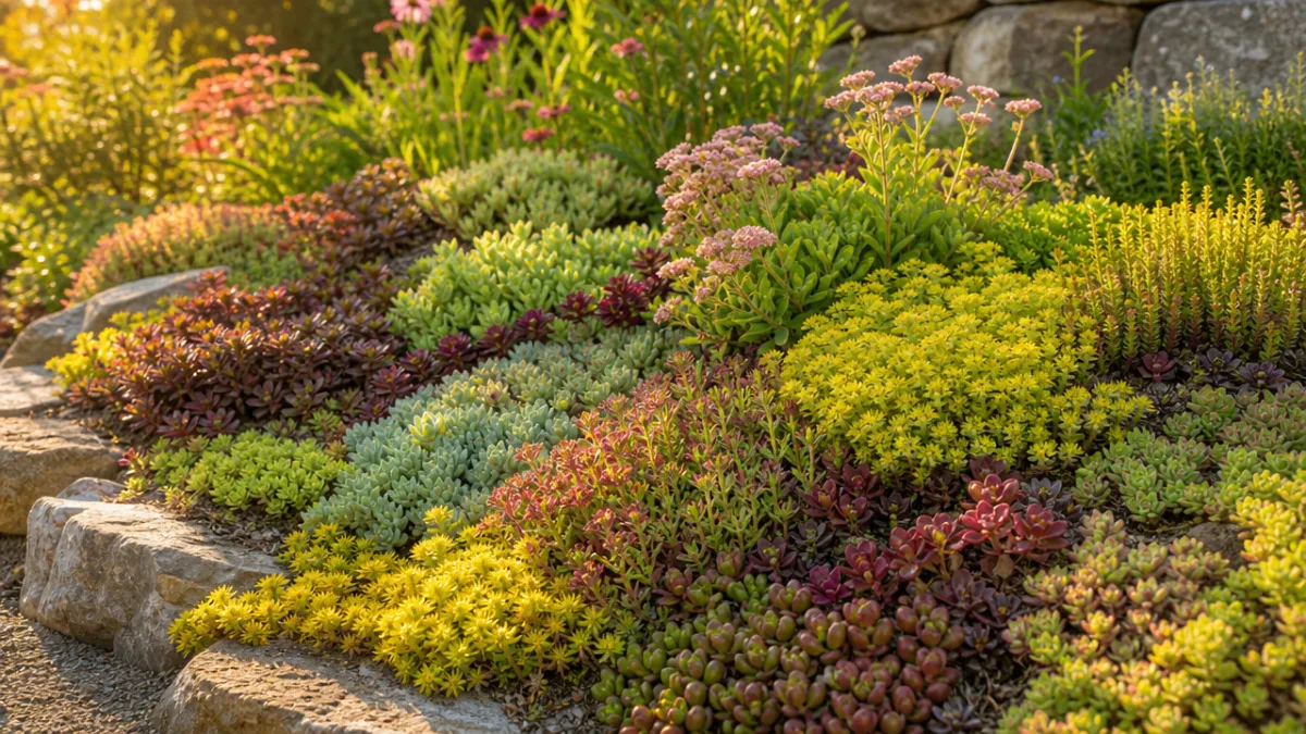 a sunlit garden bed covered in dense, colorful sedum ground cover varieties,…