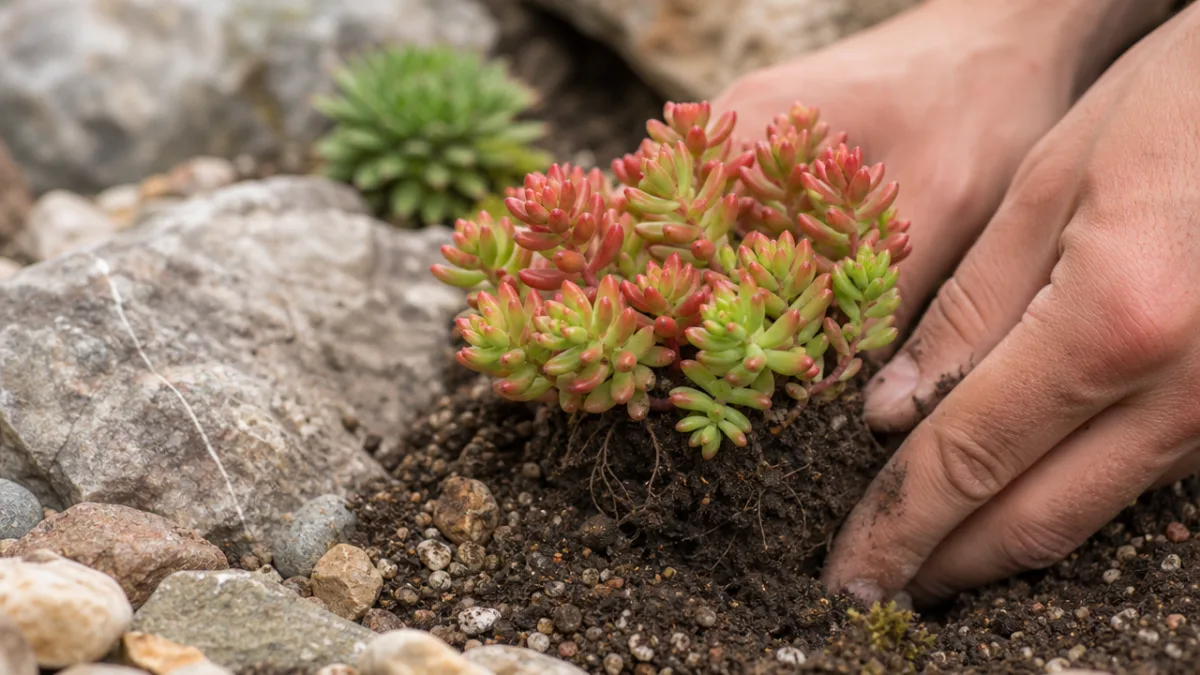 close-up of sedum being planted in rocky garden soil, soft diffused daylight,…