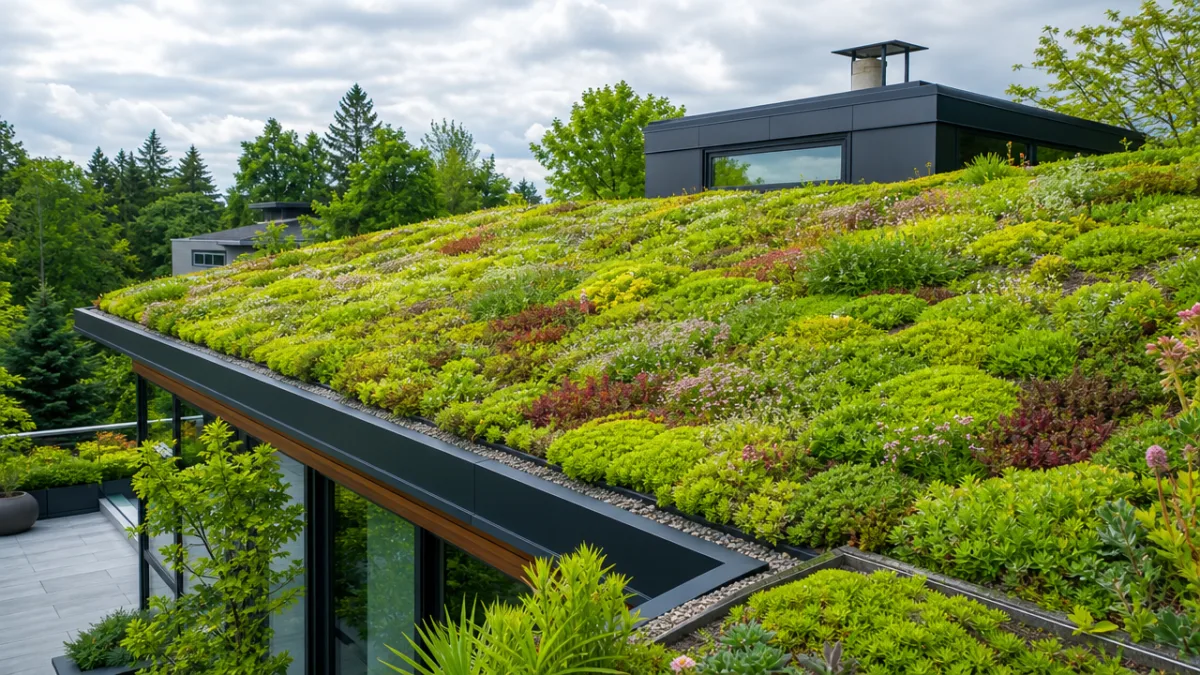 a lush green roof covered in mixed sedum varieties on a modern…