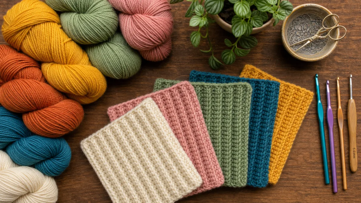 a flat lay of colorful yarn skeins, crochet hooks, and ribbed fabric…