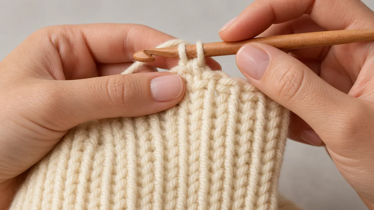 close-up of hands crocheting a ribbed sweater cuff with chunky cream yarn…