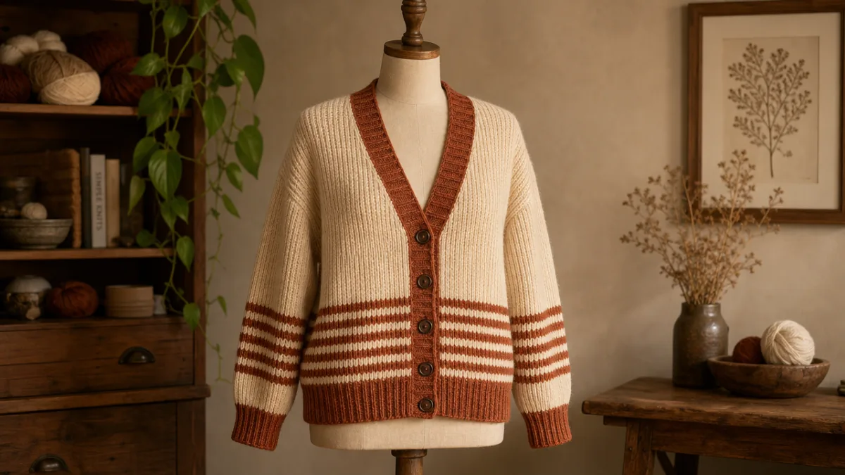 a finished cream and rust ribbed cardigan displayed on a wooden dress…