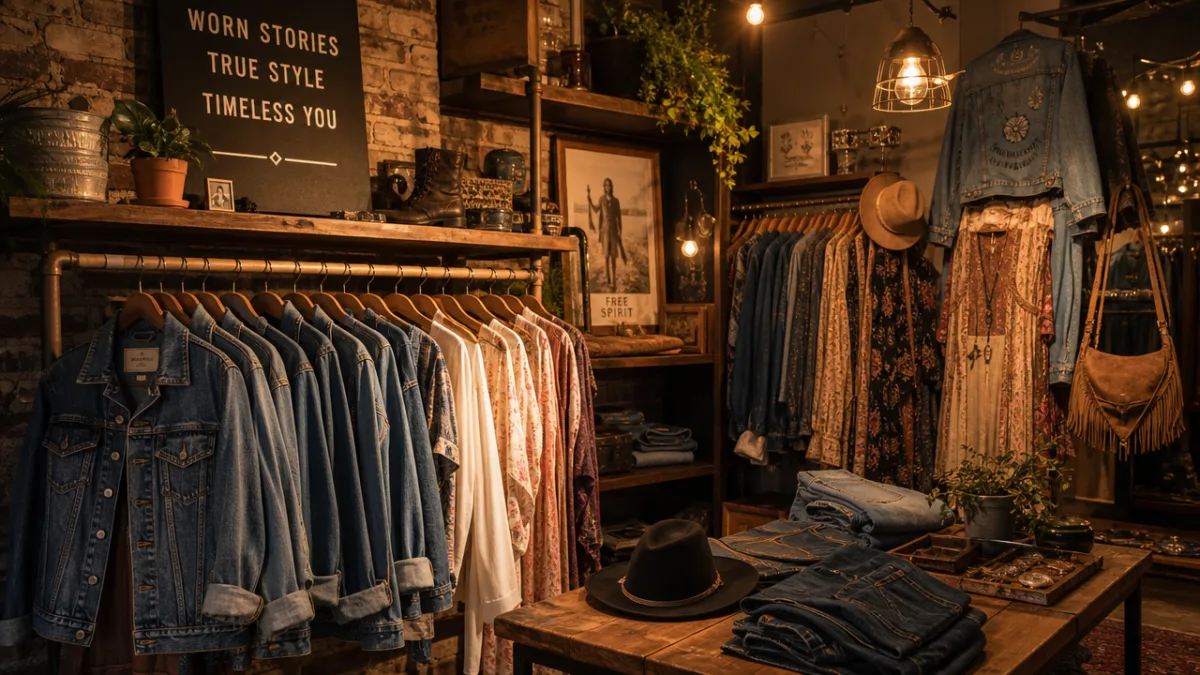 a stylish urban clothing display with warm golden lighting, vintage denim jackets…