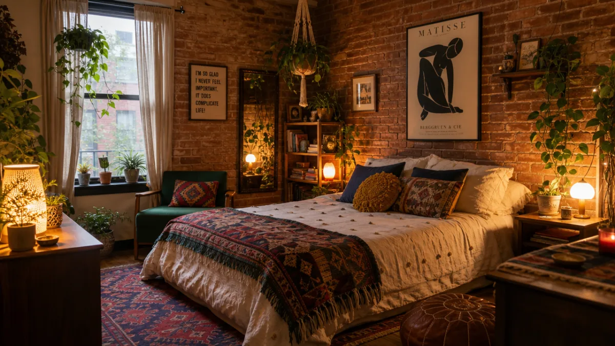 a cozy eclectic bedroom with warm ambient lighting, layered textiles and decorative…