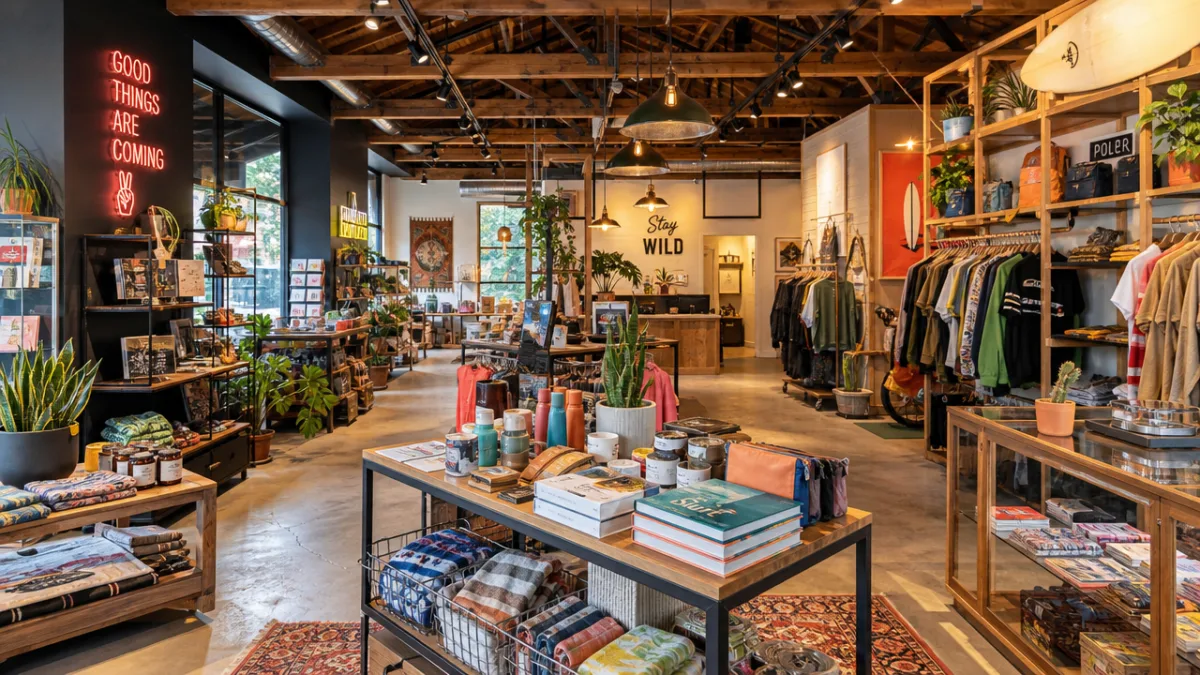 a vibrant modern retail store interior with eclectic merchandise displays, warm industrial…