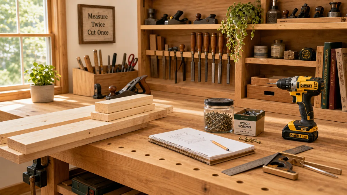 a well-lit workshop workbench with lumber, screws, and woodworking tools arranged neatly,…