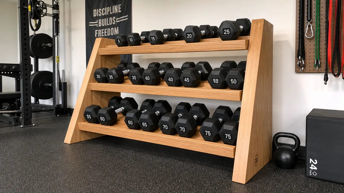 a freshly built wooden dumbbell rack with smooth finish in a clean…