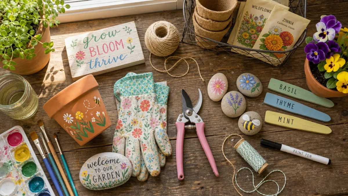 a flat lay of colorful garden craft supplies on a rustic wooden…