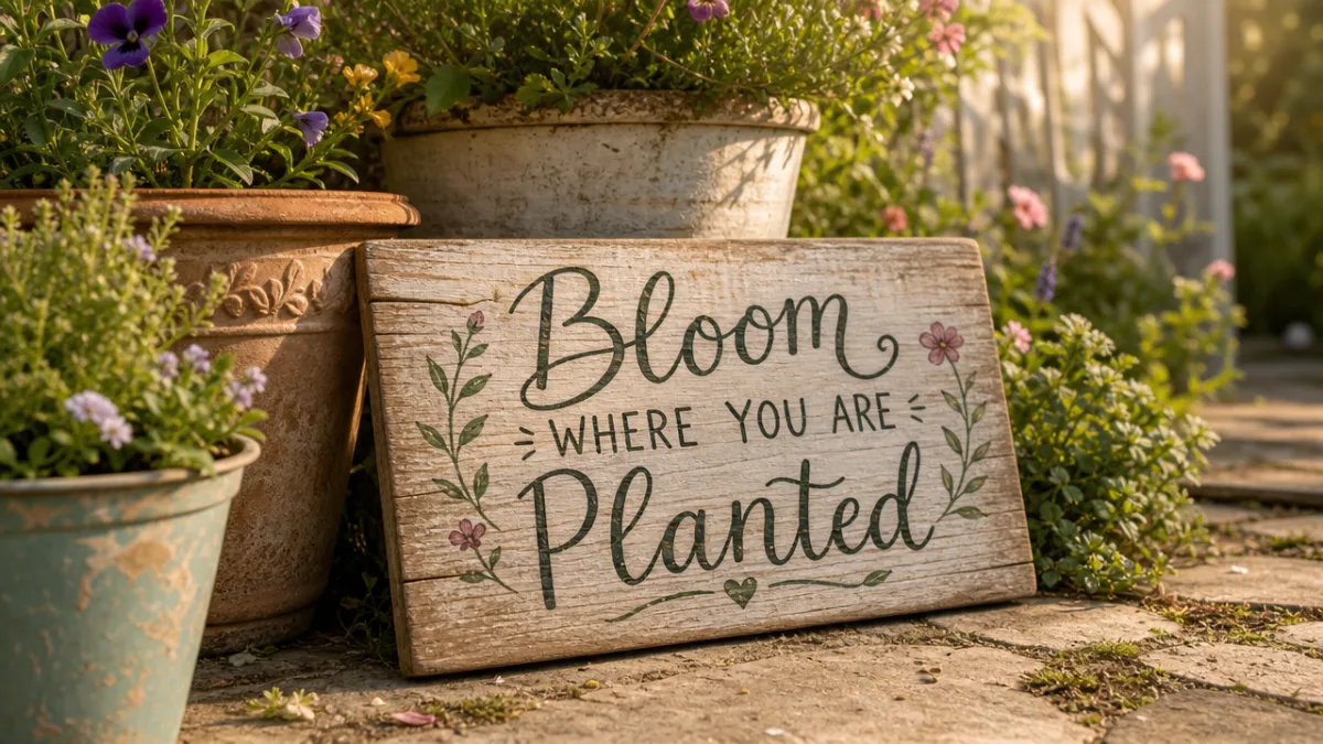 a hand-lettered wooden garden sign resting against flower pots in a cottage…