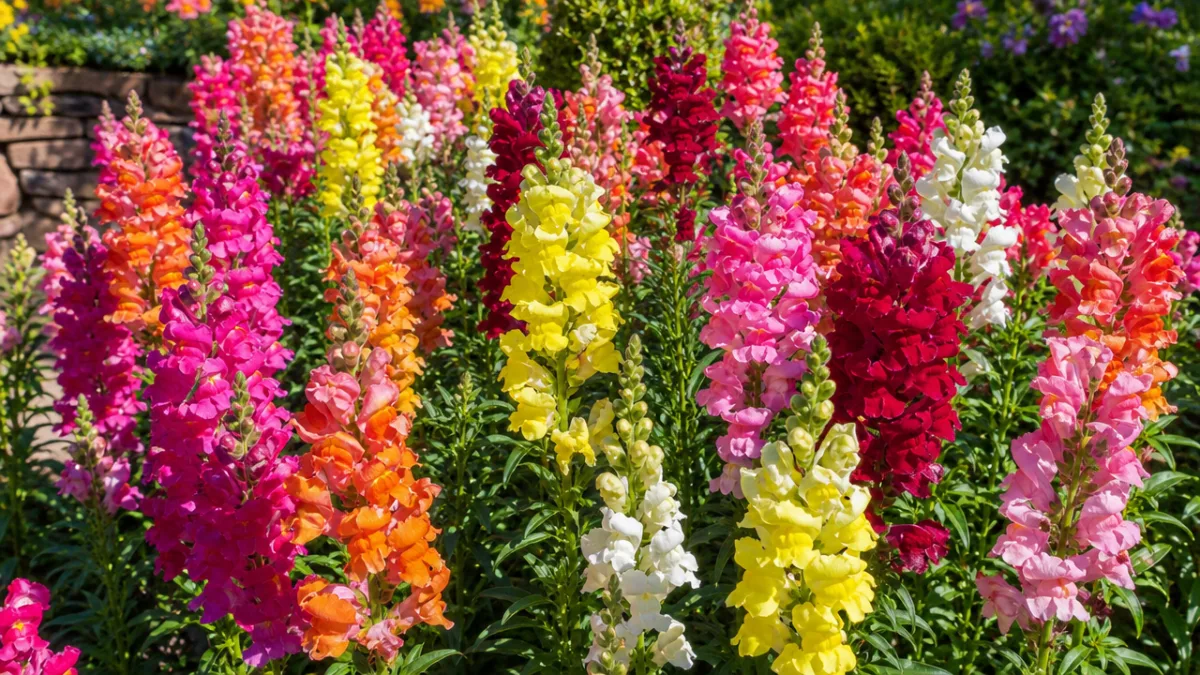 a vibrant garden bed filled with multicolored snapdragon spikes in full bloom,…