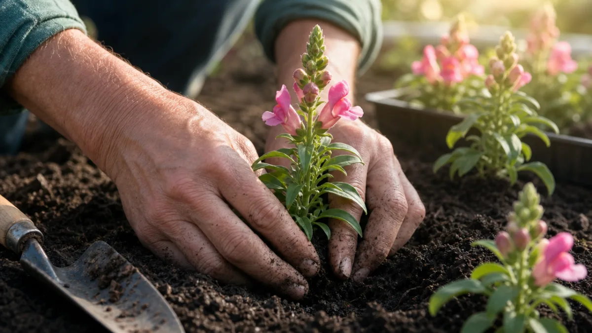 close-up of a gardener's hands planting snapdragon seedlings in rich dark soil,…