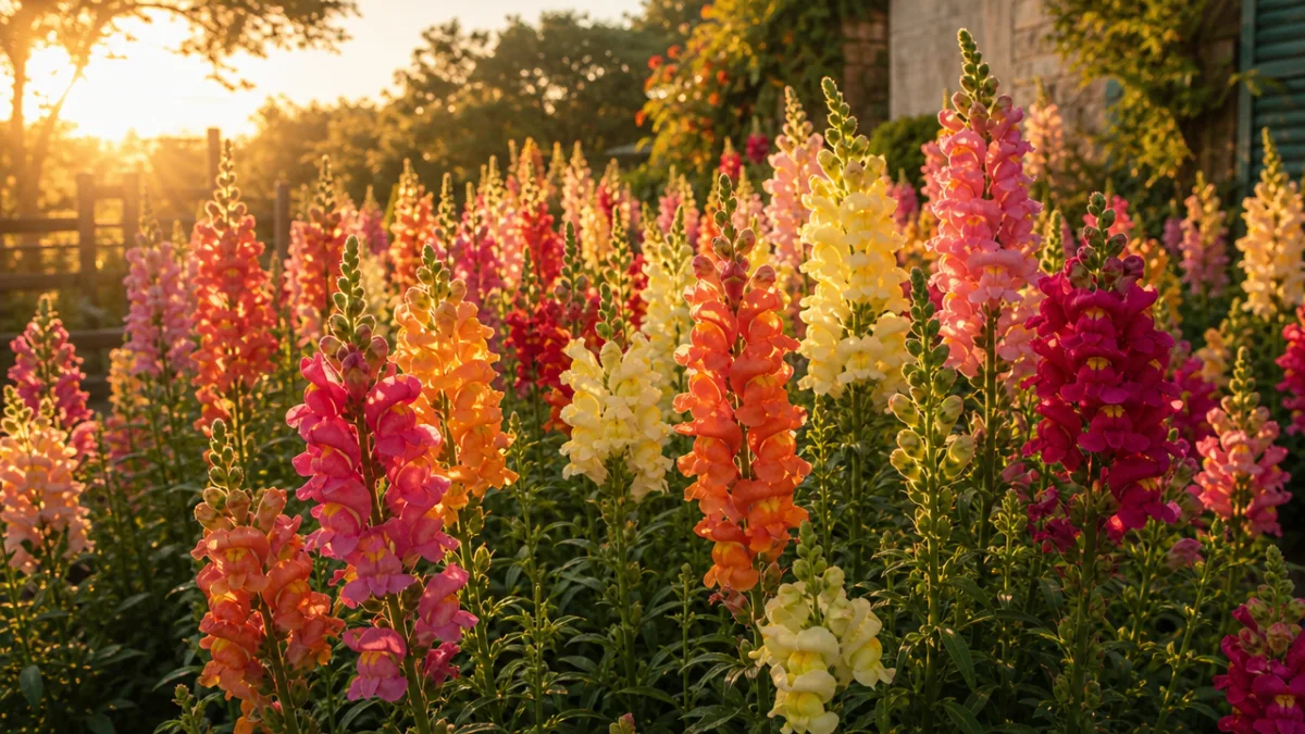 a lush snapdragon garden in late afternoon golden hour light, tall colorful…