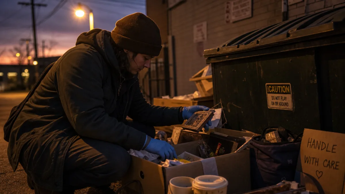 a person in protective gloves carefully sorting through items near a dumpster…