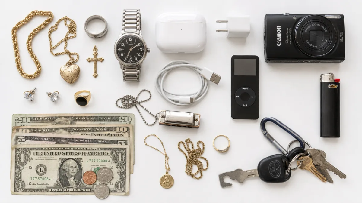 a flat lay of found treasures including jewelry, cash, and small electronics…