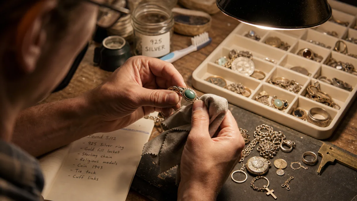 a person carefully cleaning and sorting found jewelry on a workbench under…