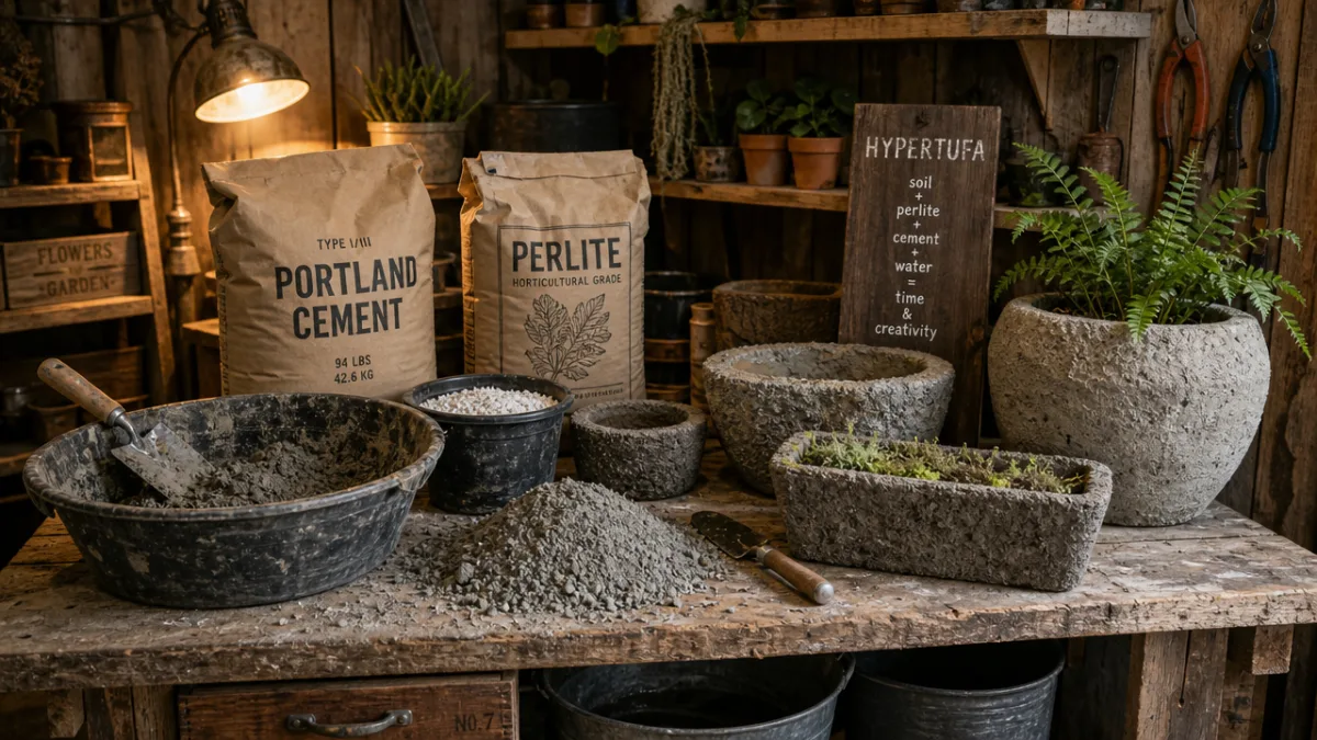 a rustic wooden workbench covered with hypertufa materials, cement bags, and handmade…