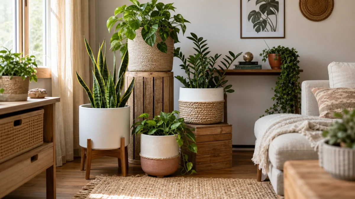a beautifully styled indoor living space with grouped DIY planters of varying…