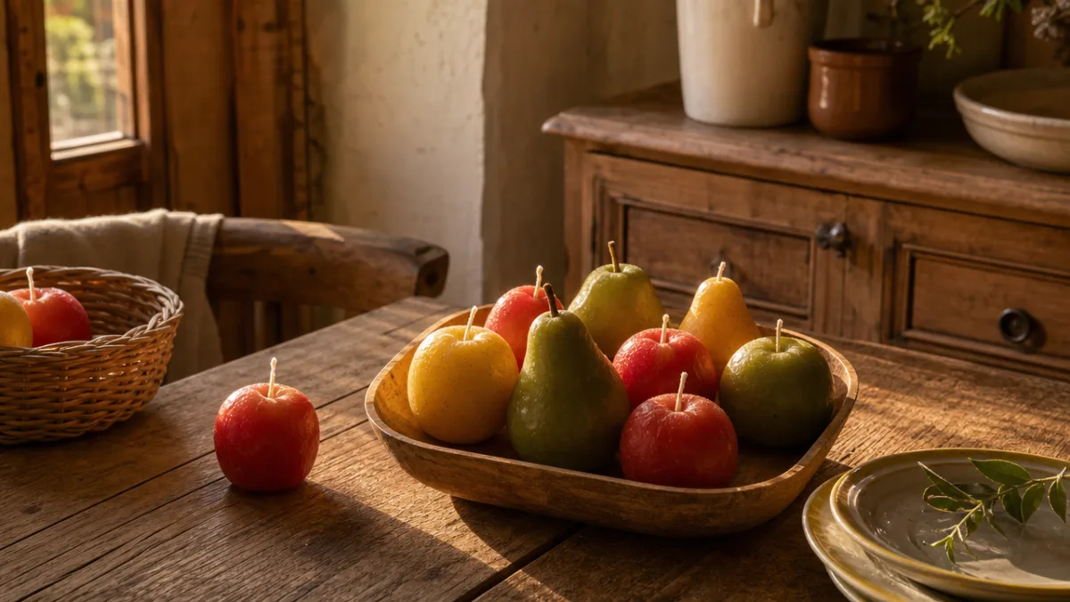 a rustic wooden kitchen table styled with realistic fruit candles in warm…