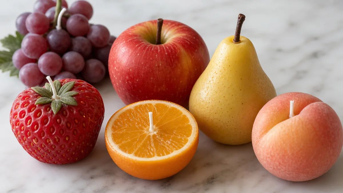 a close-up of handcrafted wax fruit candles arranged on white marble, soft…
