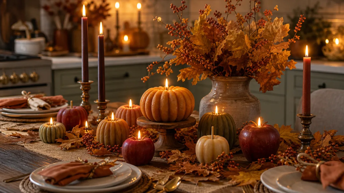 a beautifully styled autumn kitchen tablescape featuring wax pumpkin and apple candles,…