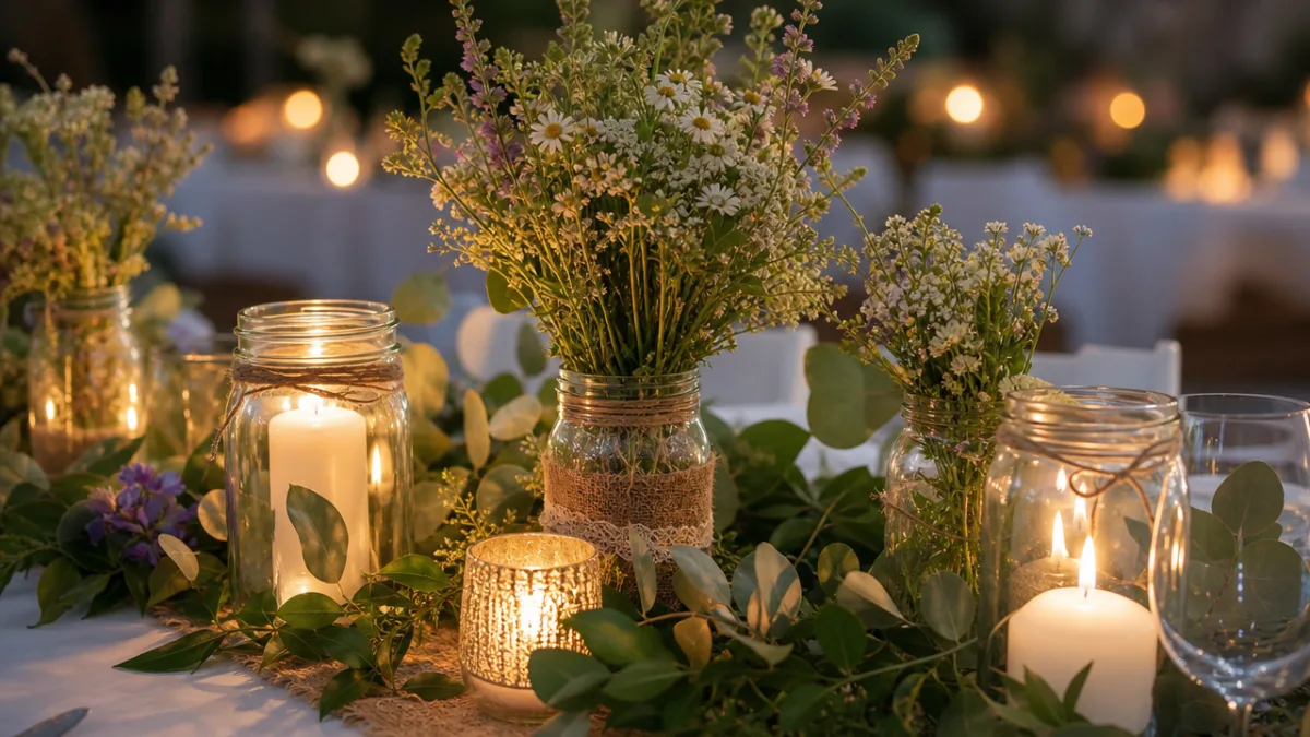 a close-up of elegant DIY wedding table centerpieces with candles, greenery, and…