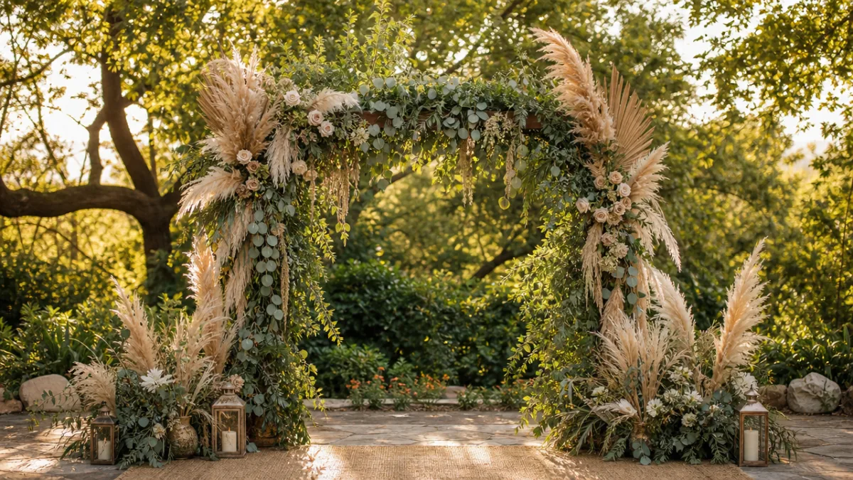 a lush DIY greenery and dried pampas grass wedding arch outdoors, soft…