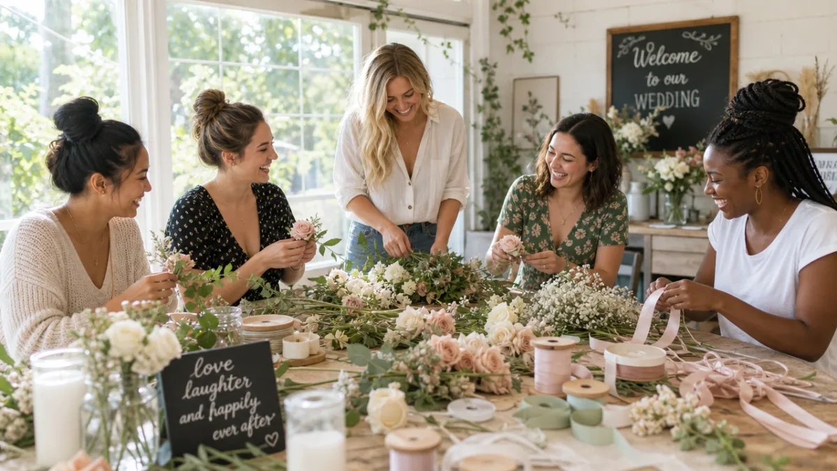 a joyful group of friends crafting wedding decorations at a large table…