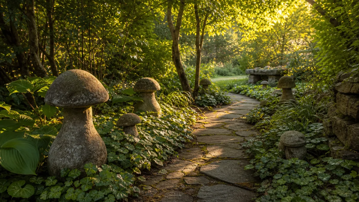 a shaded garden path lined with stone mushroom sculptures and groundcover plants,…
