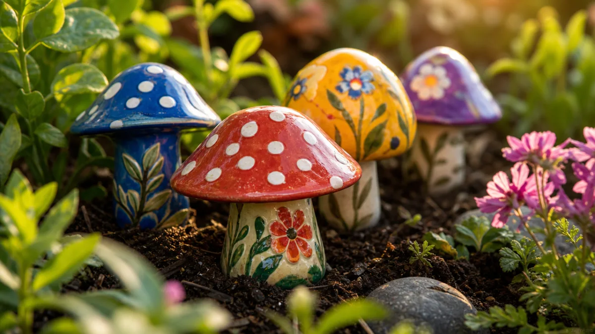 a close-up of colorful hand-painted ceramic mushroom ornaments nestled in garden soil,…