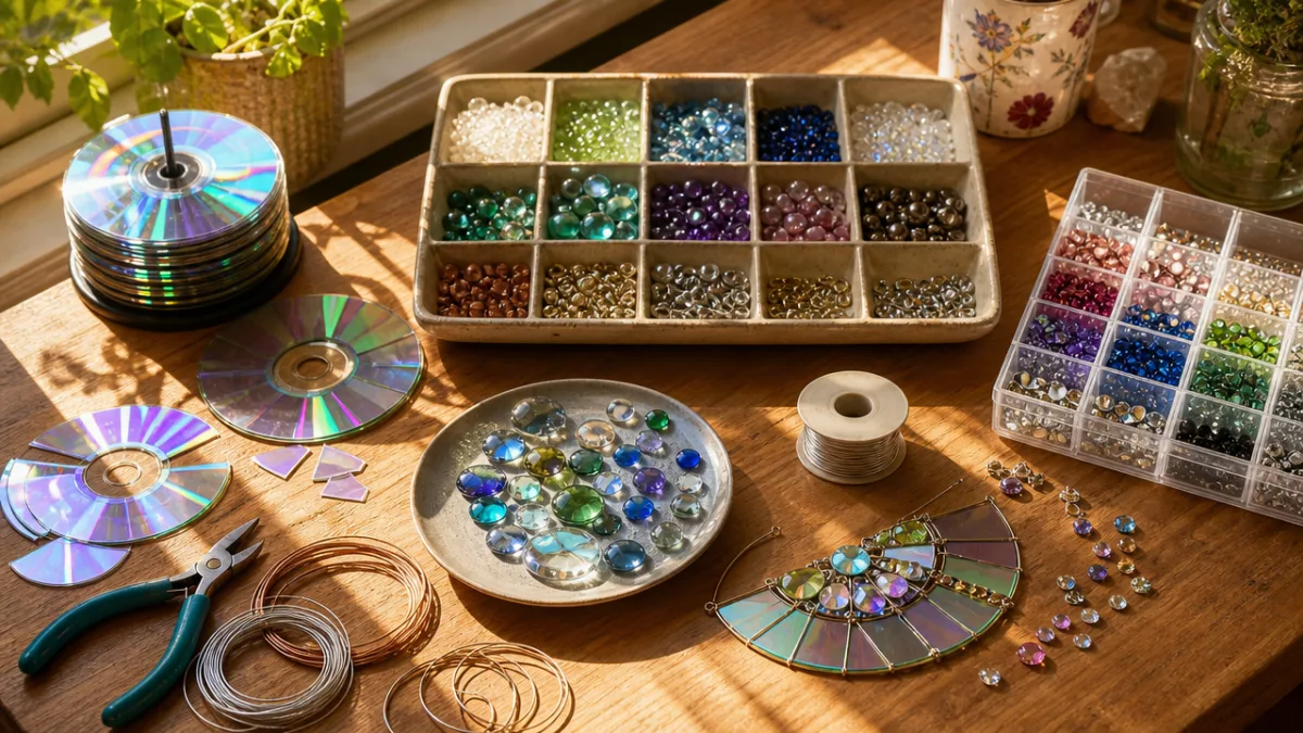 a sunlit craft table with old CDs, glass beads, rhinestones and wire…