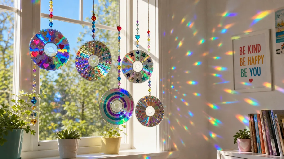 several finished DIY CD suncatchers hanging in a sunny window casting rainbow…