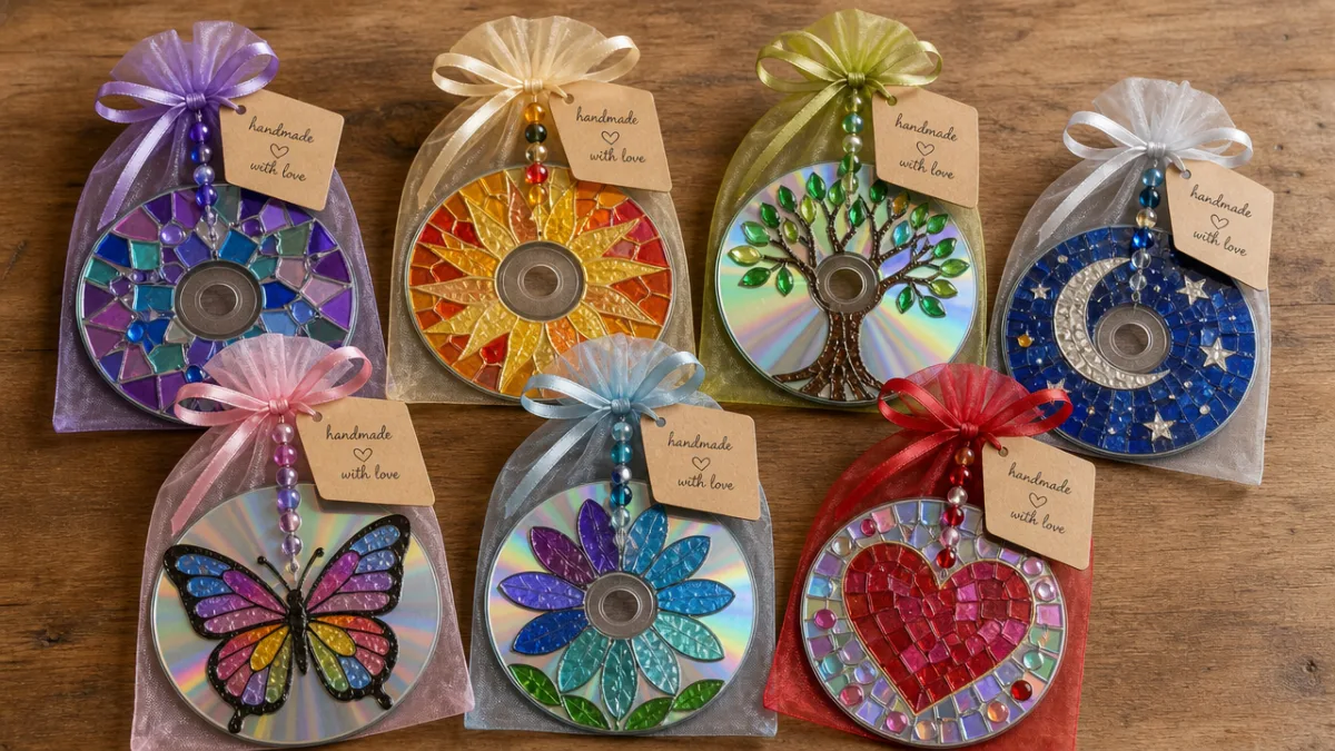 a group of colorful finished CD suncatchers arranged on a wooden surface…