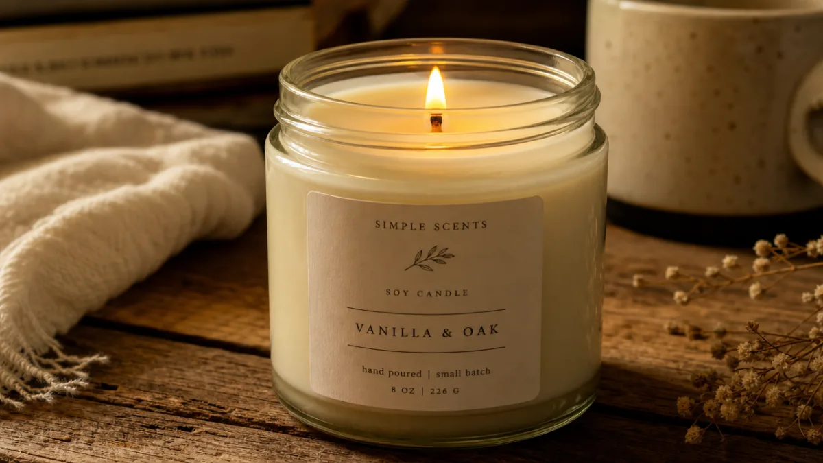 a close-up of a creamy white soy candle in a glass jar…
