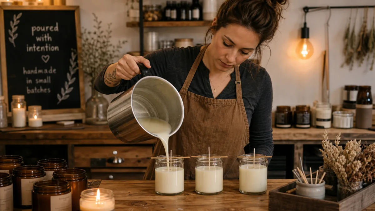 an artisan candle maker pouring creamy white wax into glass jars on…