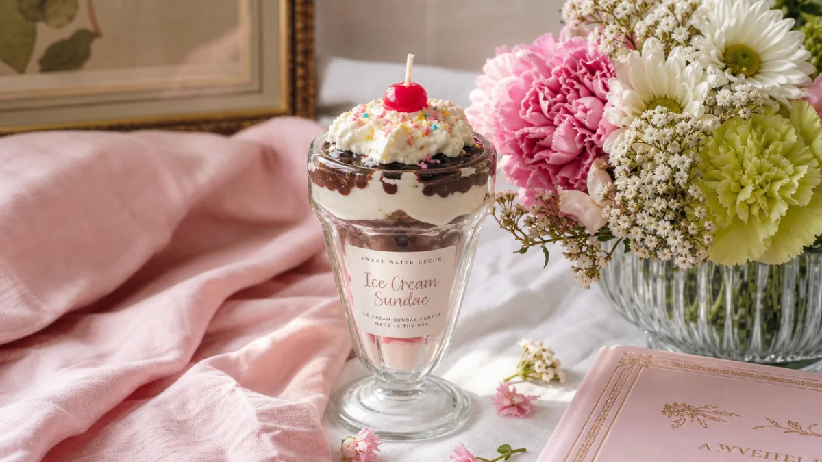 a styled flat lay of an ice cream sundae candle beside fresh…