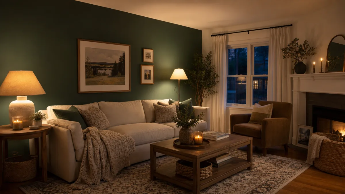 a cozy living room with freshly painted deep green accent wall, warm…