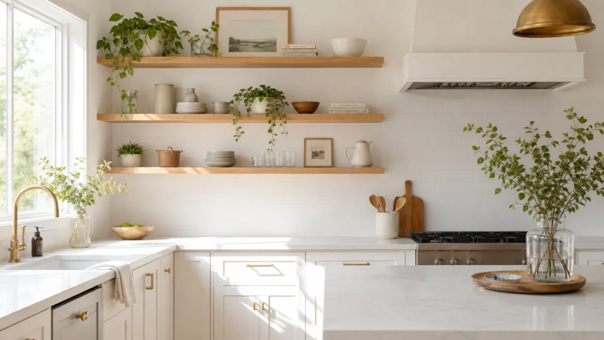 a bright white kitchen with open floating wooden shelves holding plants and…