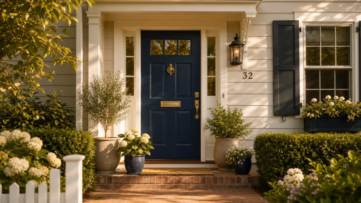 a charming home exterior with freshly painted navy blue front door and…