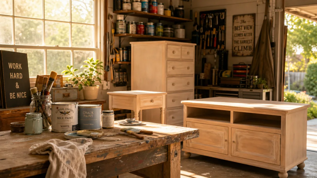 a sunlit garage workshop with sanded wooden furniture pieces, paint cans, and…