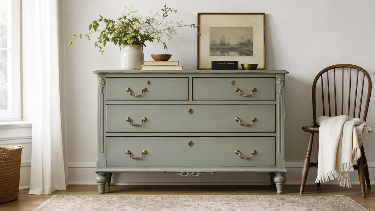 an elegantly staged vintage dresser with fresh paint and new hardware in…